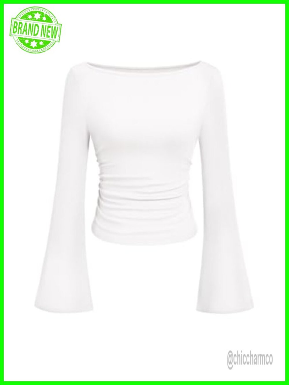 Ribbed Knit Bell Sleeve Boat Neck Crop Top